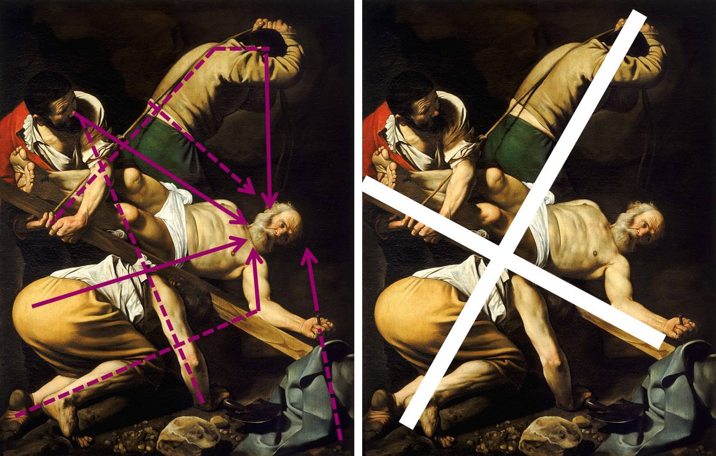 Painting with arrows that indicate viewing direction