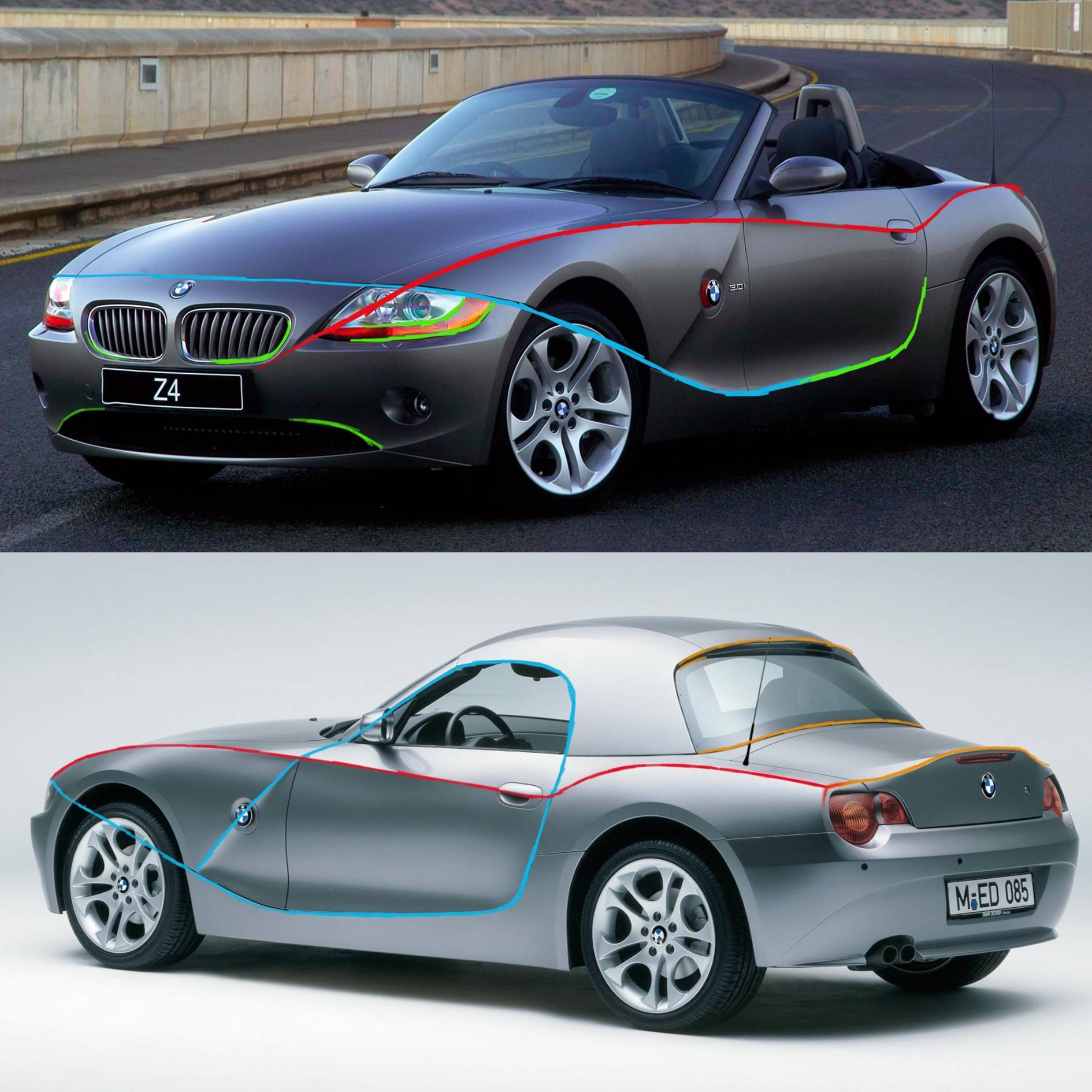 Pictures of the Z4 diagonally from the front and diagonally from the back with colored lines drawn across it.