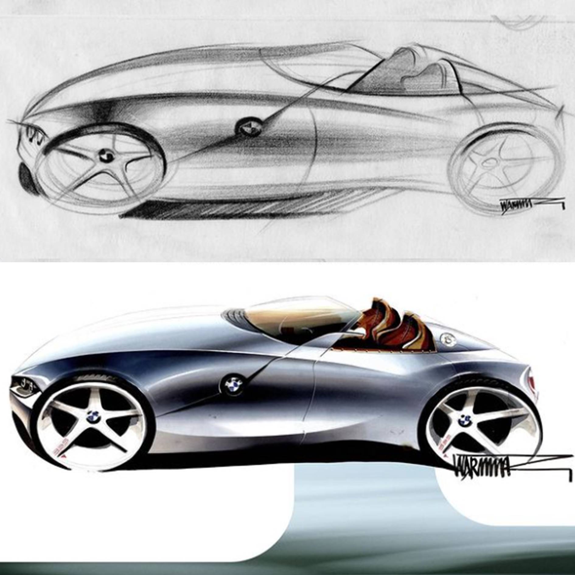 Black and white and color sketch of a roadster seen from the side.