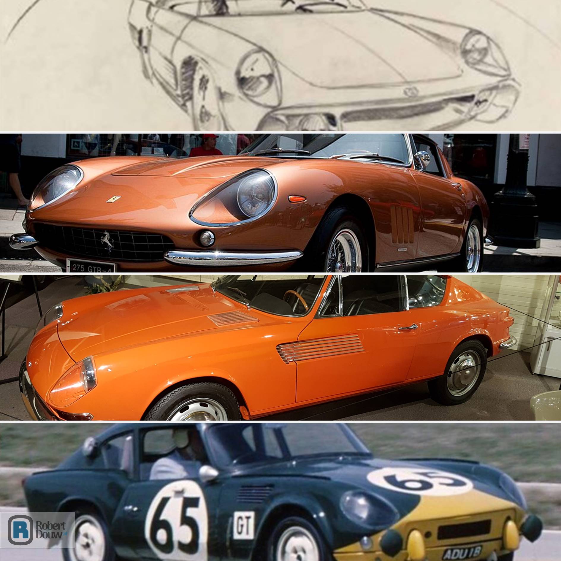 A sketch and three photos of cars with round headlights behind convex glass.