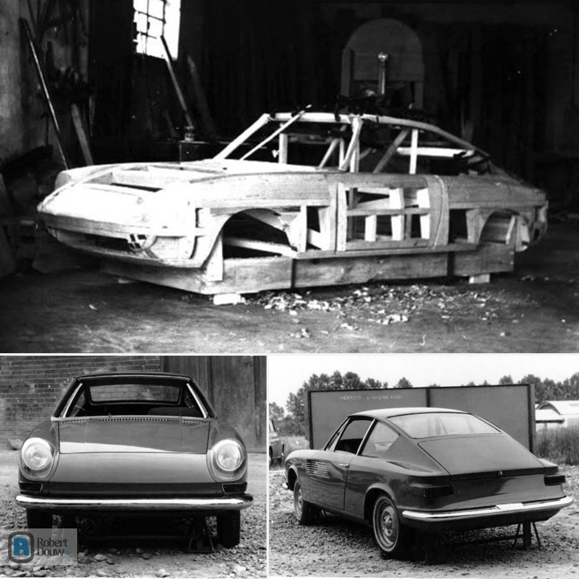 Black and white photos of a car in and out and shed.