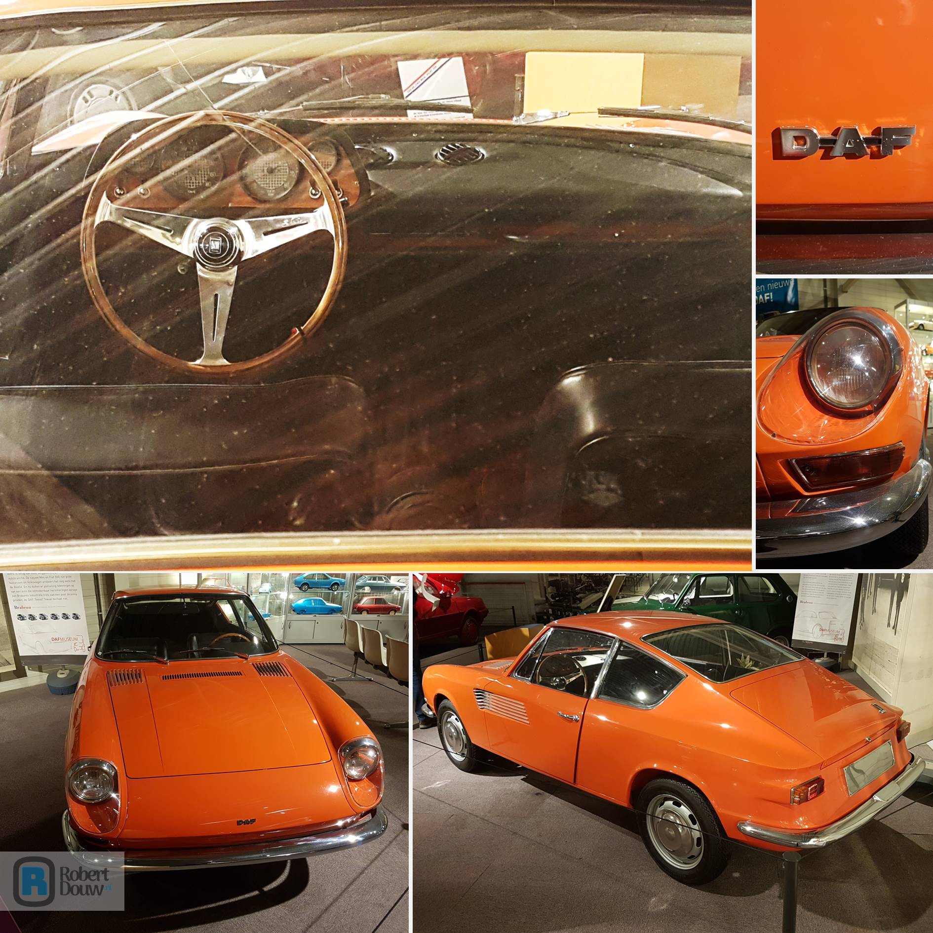 Five photos of the interior and exterior of a car in a museum.
