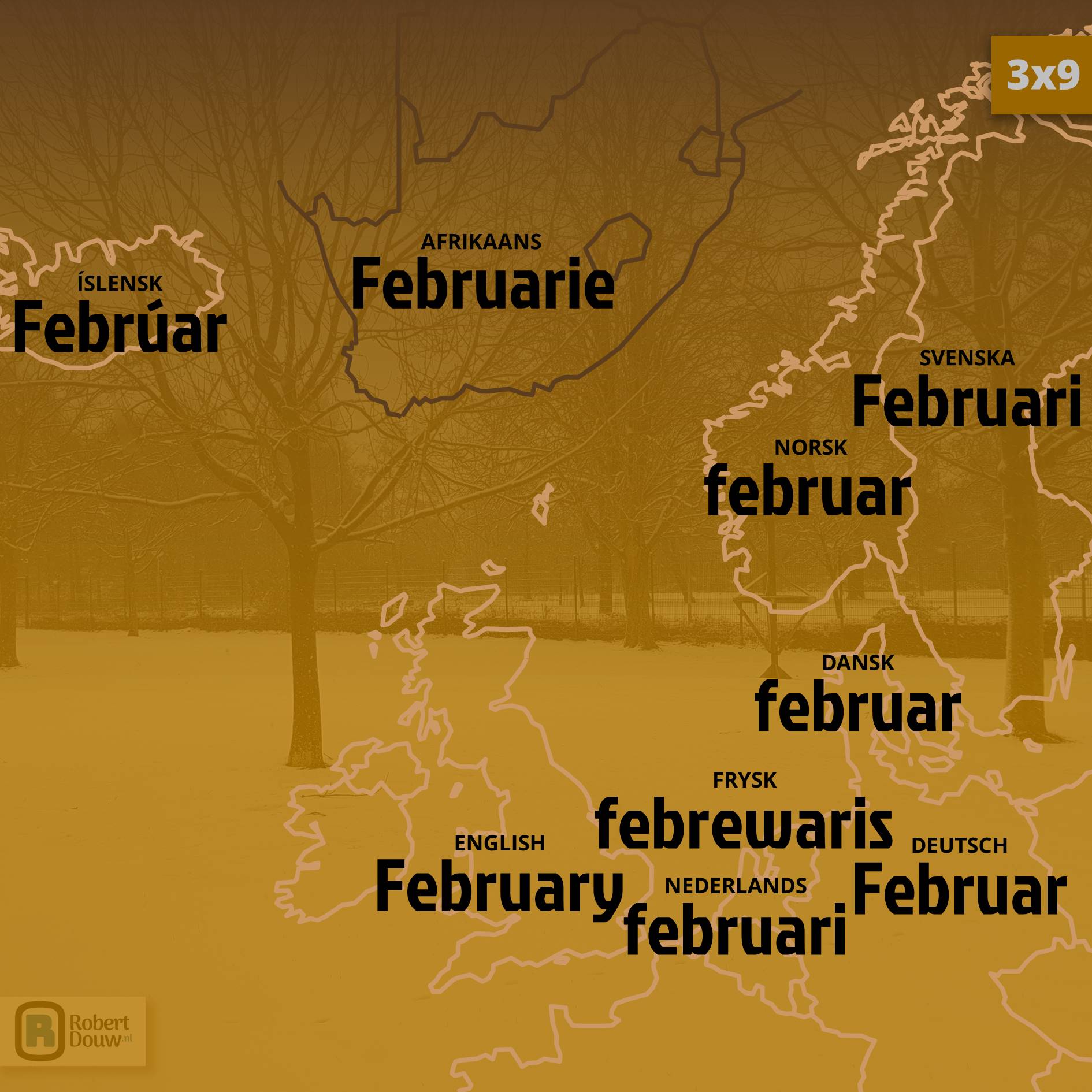 'February' in nine languages.