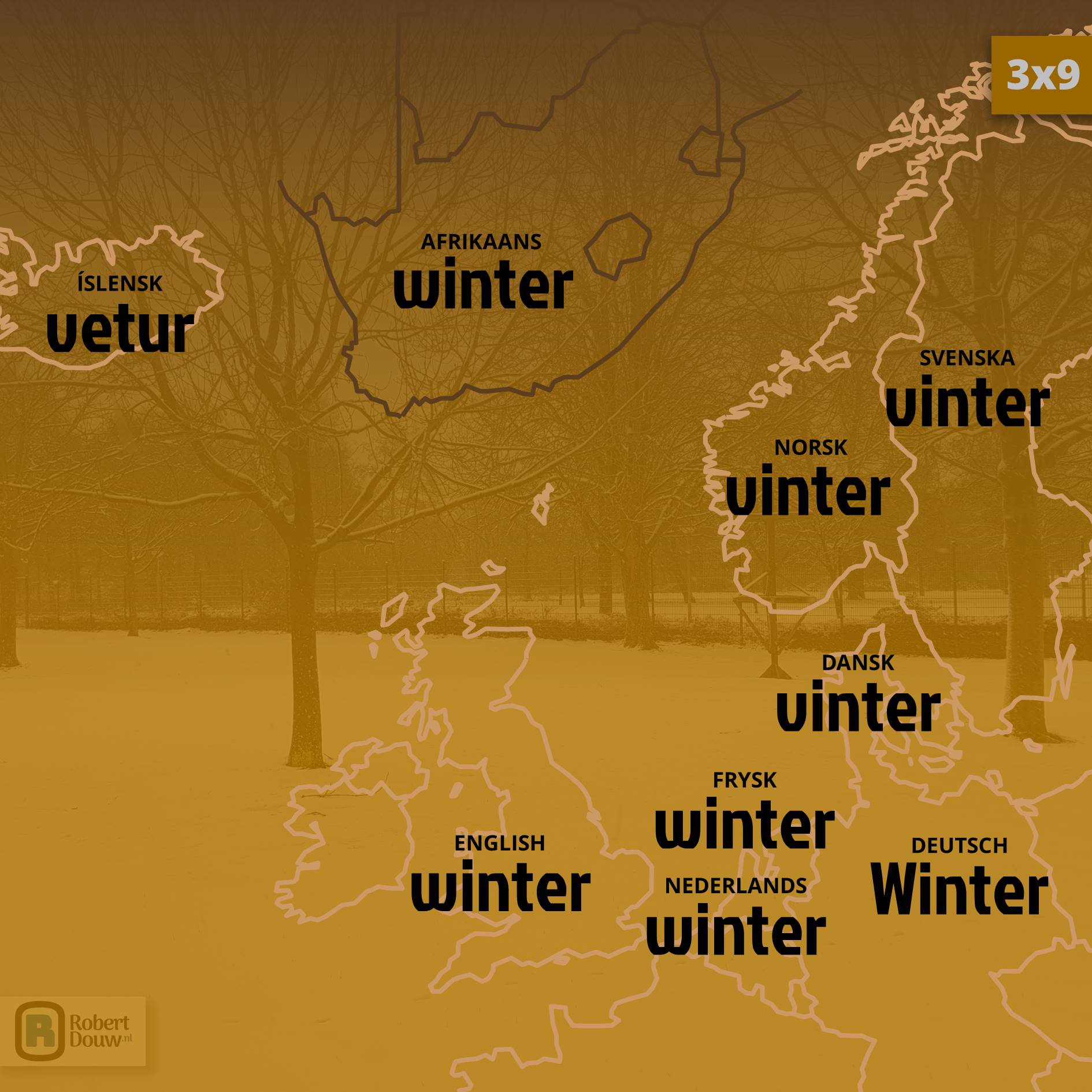 'winter' in nine languages.