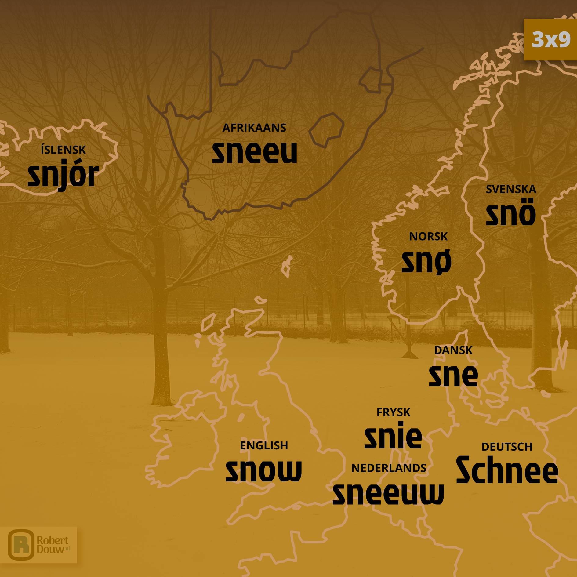 'snow' in nine languages.