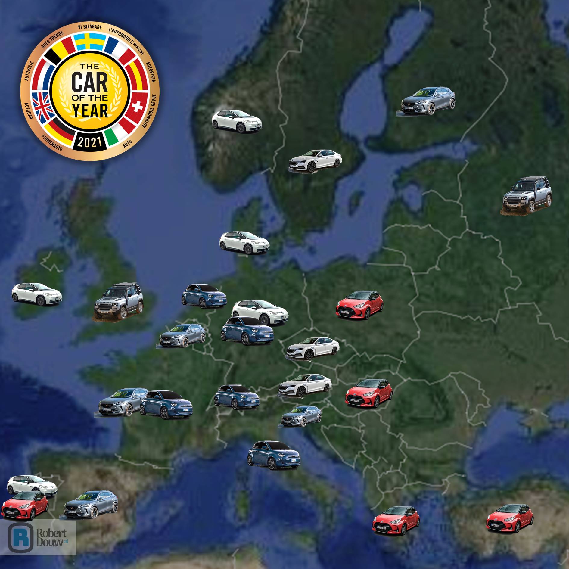 Map of Europe with pictures of cars.