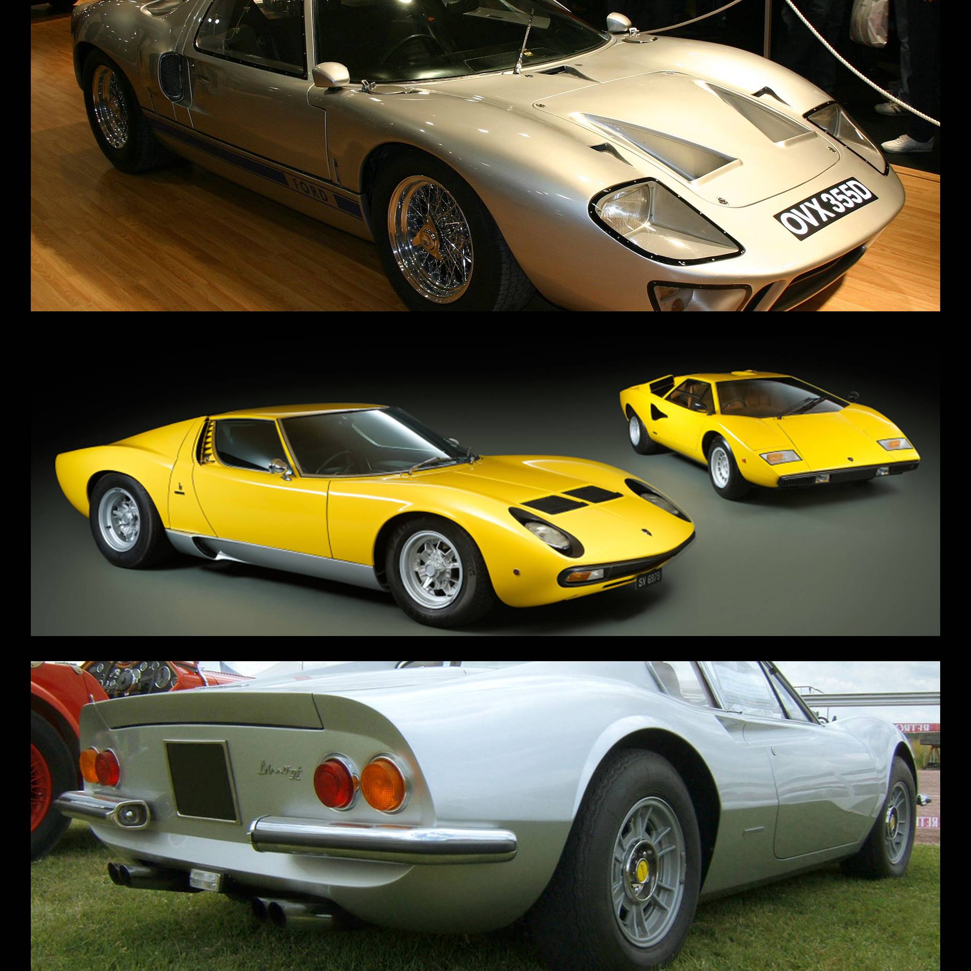 Ford GT-40, Lamborghini Miura and Countach, Dino 246 GT
