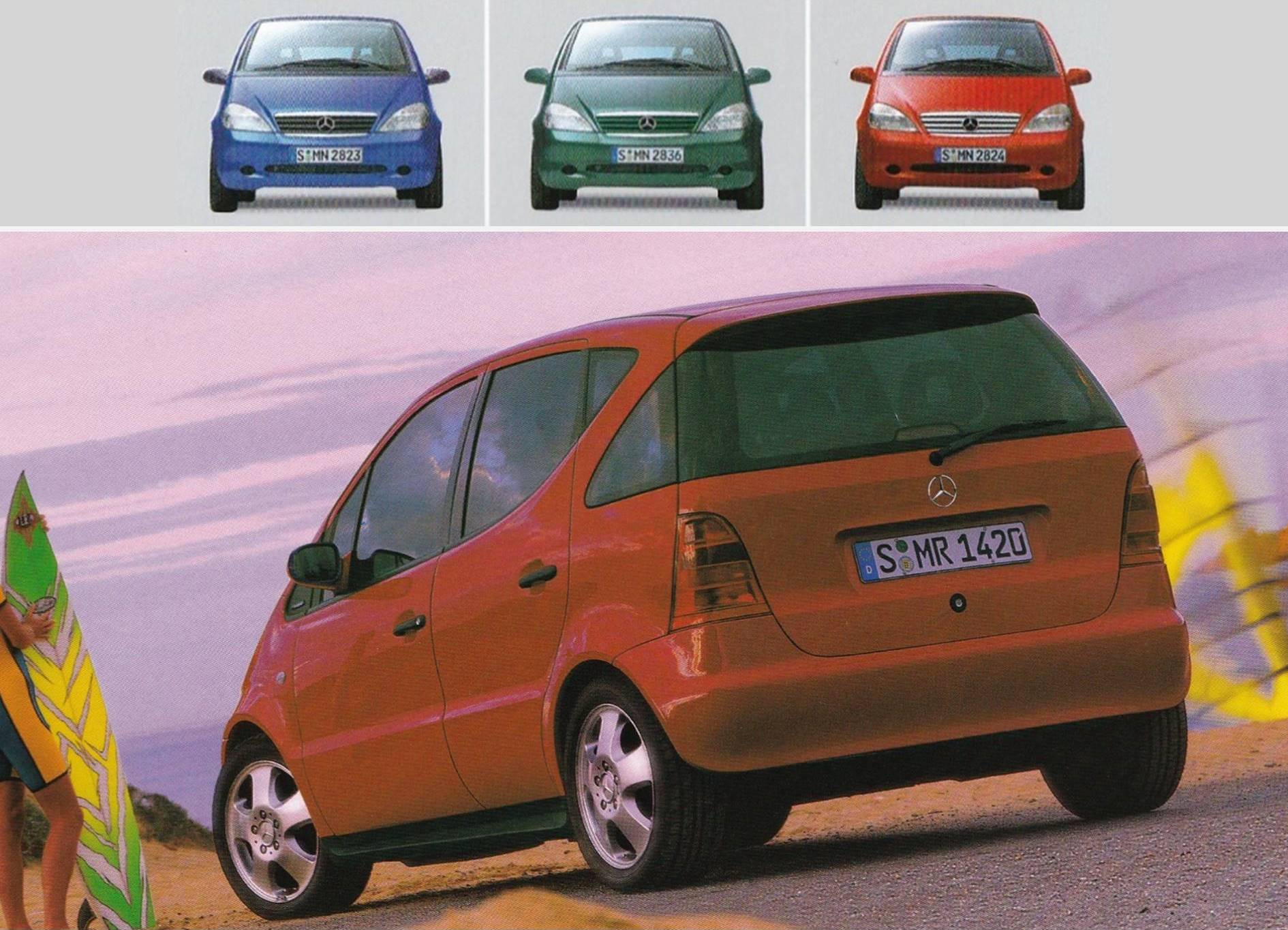 Three times a car seen on the front, with below it a red car seen as three-quarter rear view