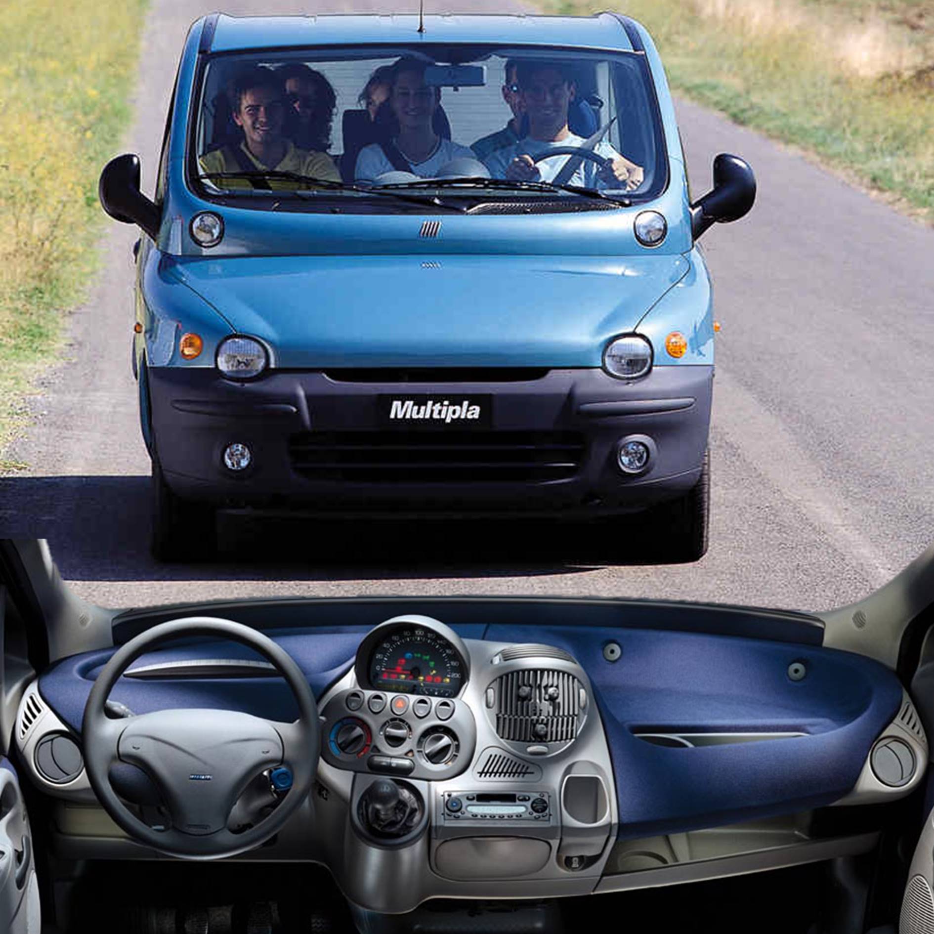 Car seen from the front, with three people sitting side by side + dashboard