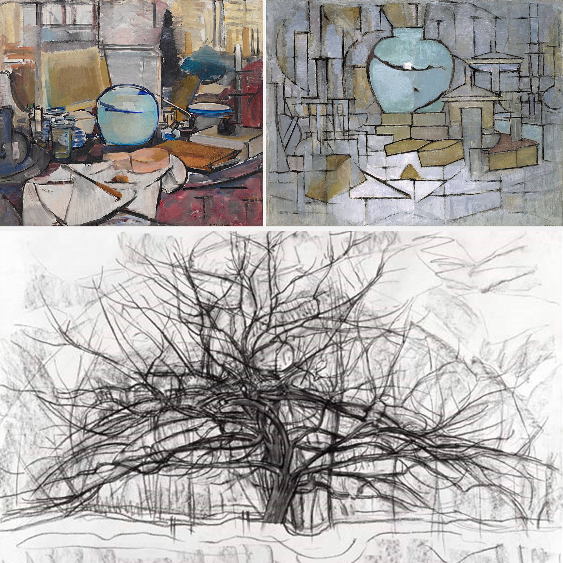 Two stylized painted still lifes and a charcoal drawing underneath