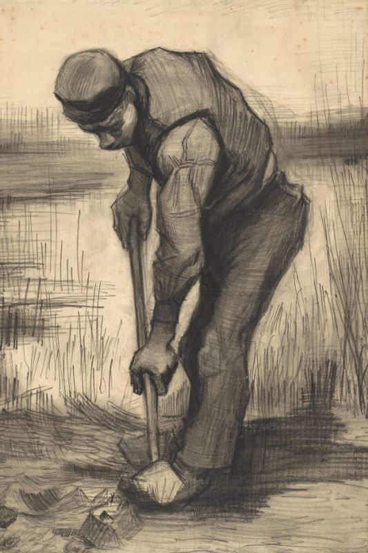 Chalk drawing of a man with a shovel