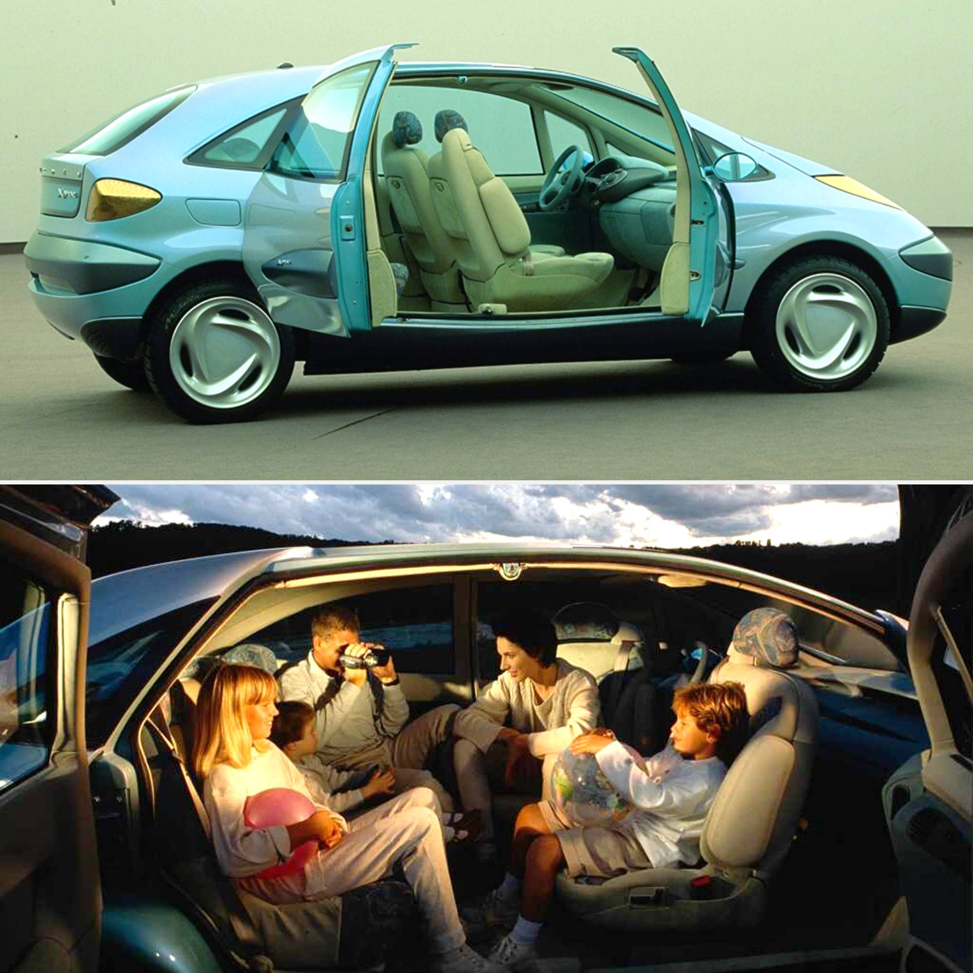 car with open doors and underneath the same car with people in it