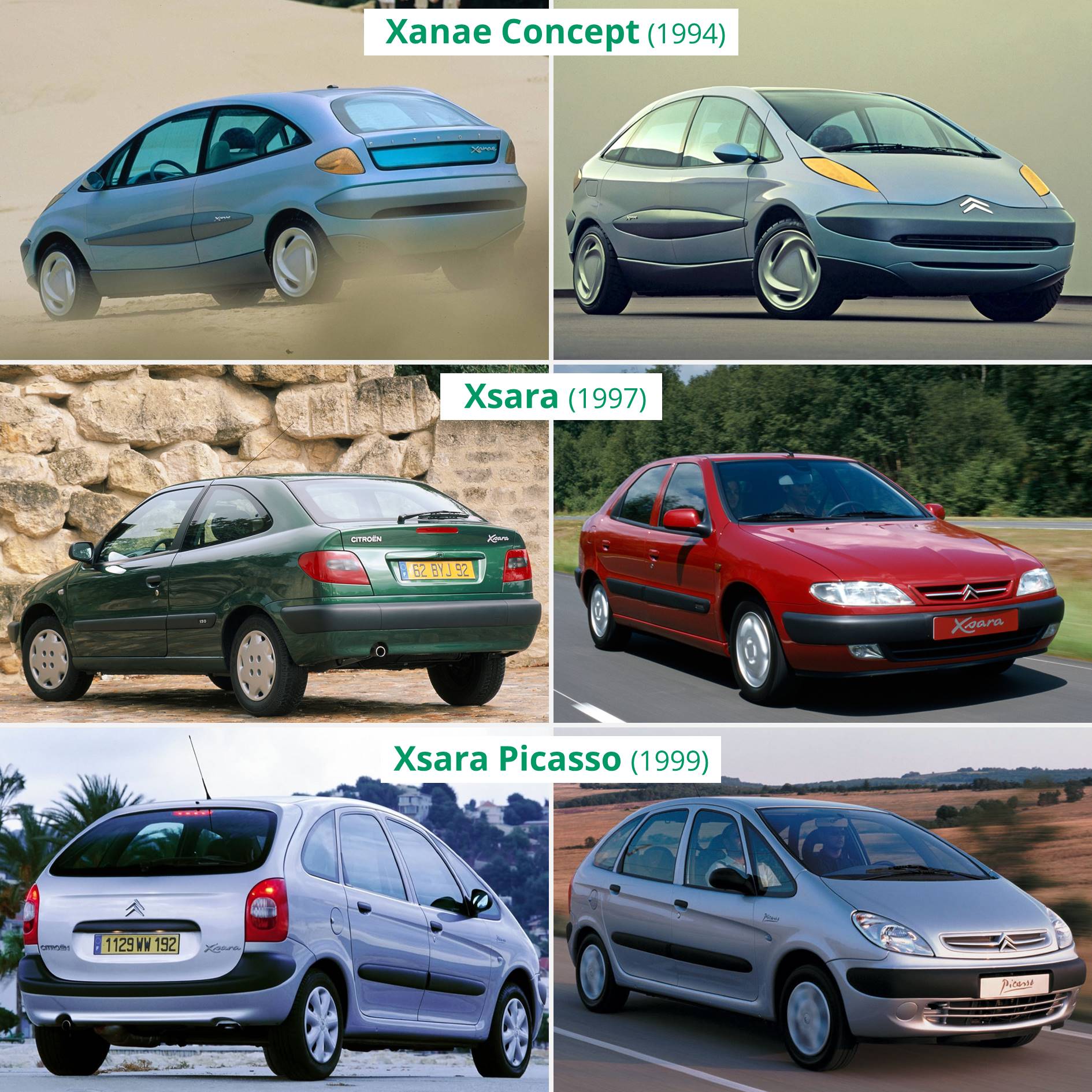 six photos of three different cars