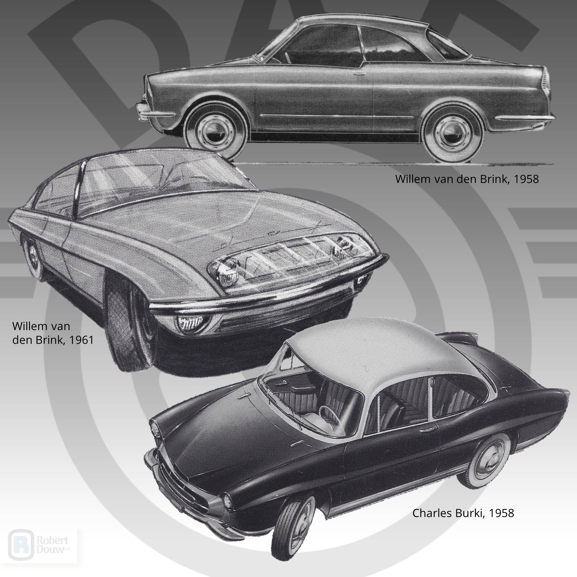 Three black and white drawings of coupés.
