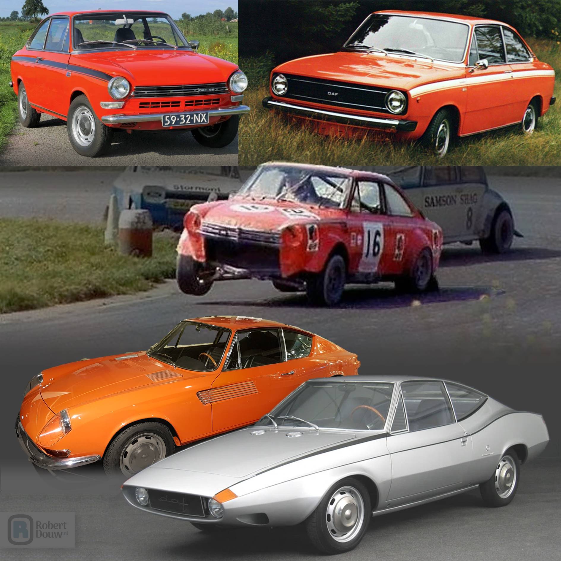 A drawing and three photos of coupés.