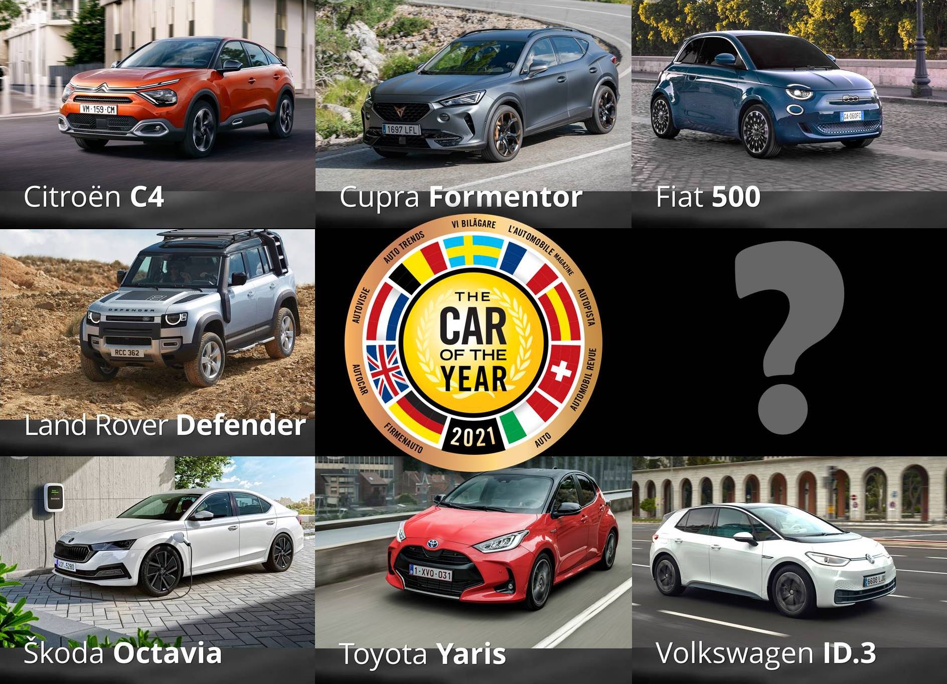 Photos of cars, the logo of the election and a question mark.