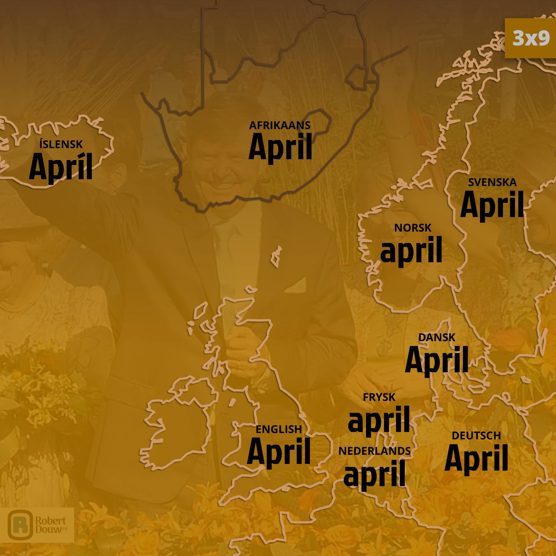 'April' in nine languages.