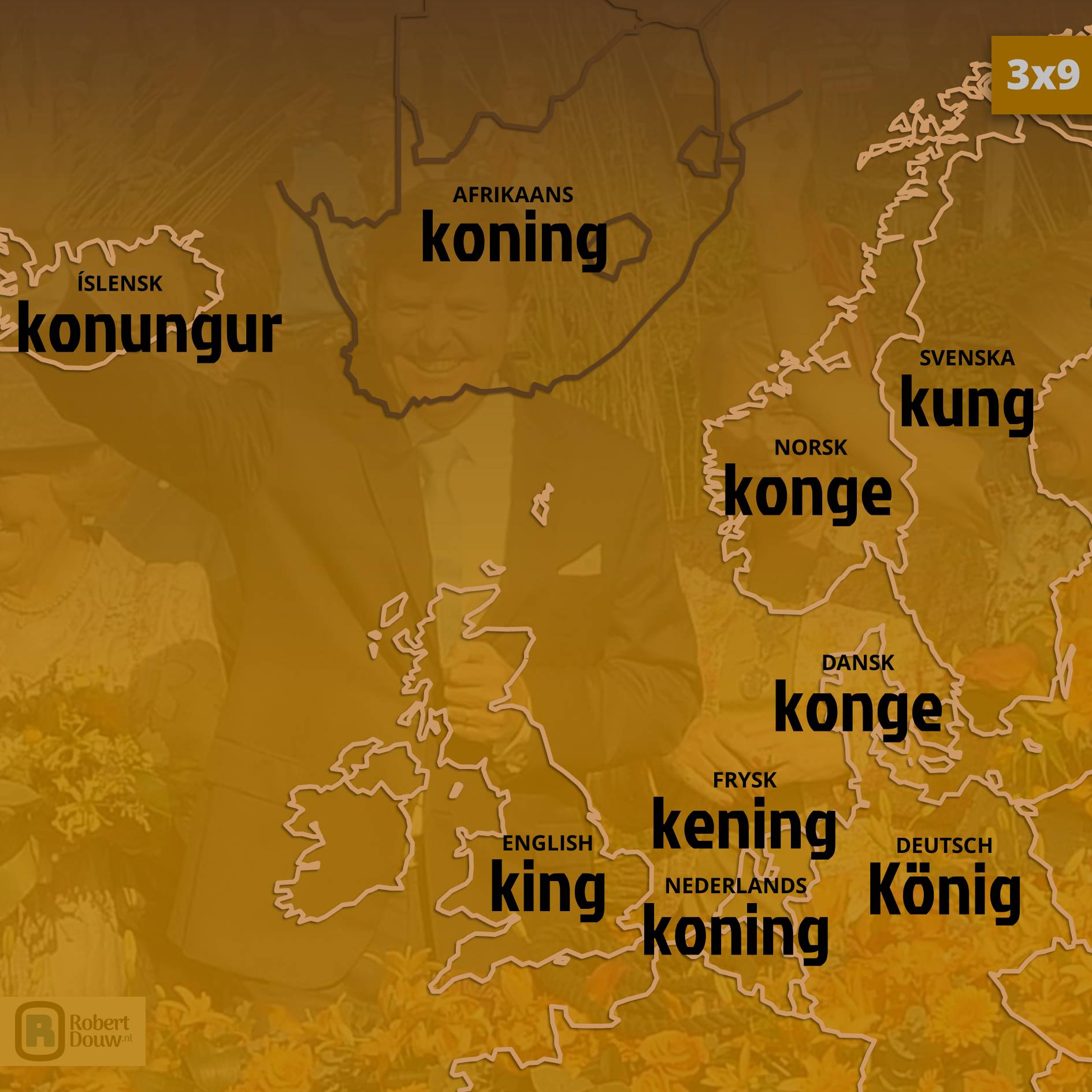 'king' in nine languages.