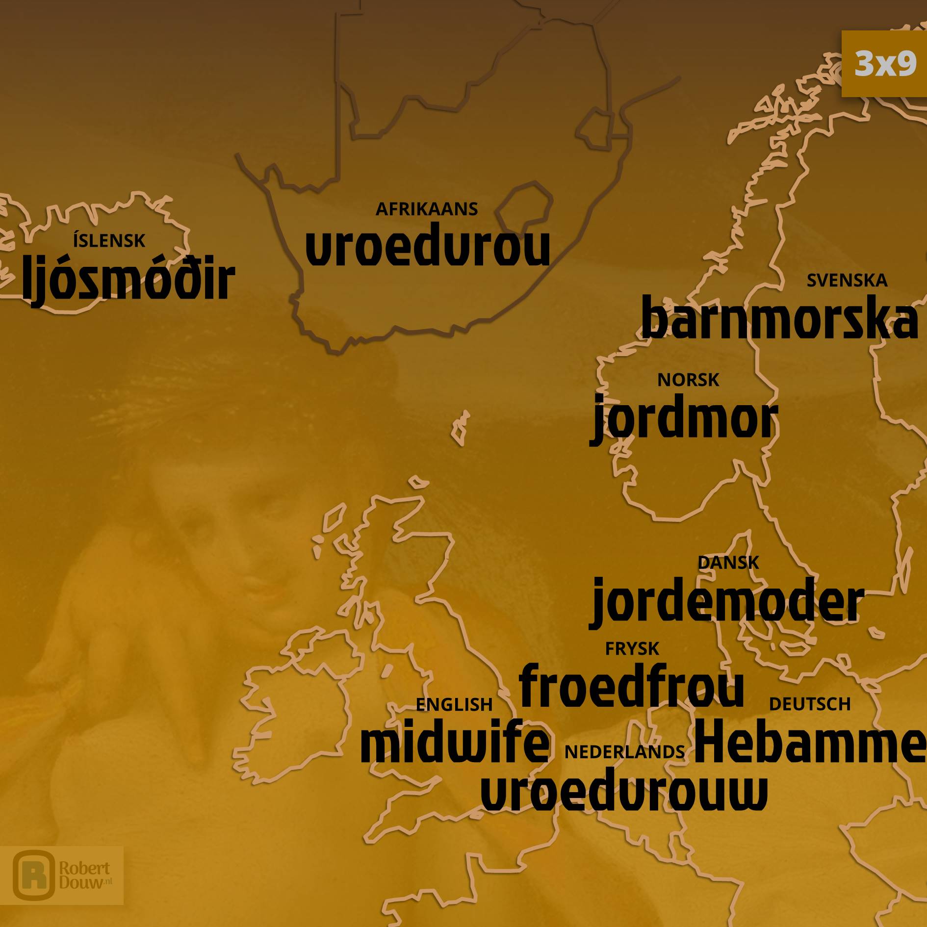 'midwife' in nine languages.