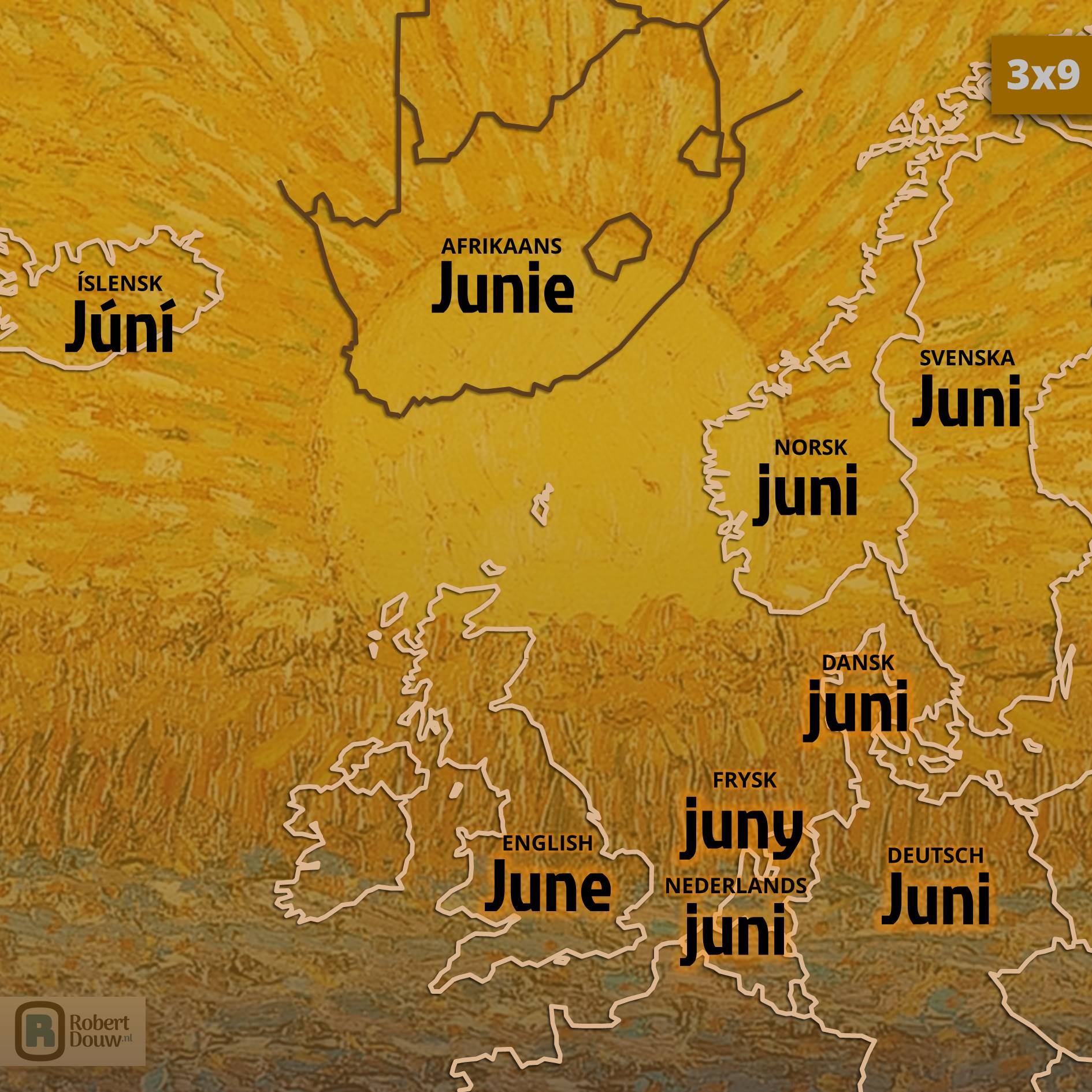 'June' in nine languages.